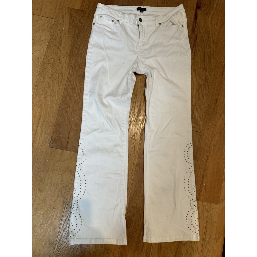 Metro Blues White Bootcut Mid Rise Denim Rhinestone Bling Button Jeans 32wx31L